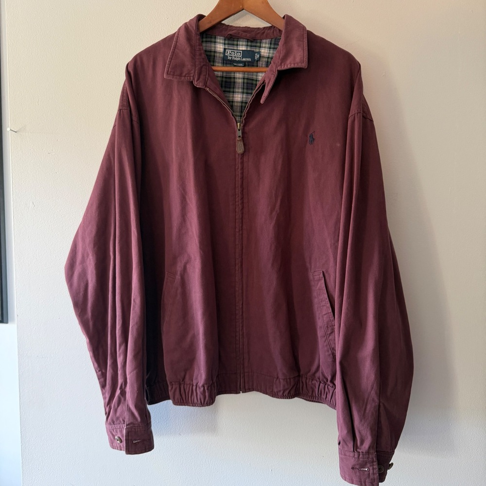 Polo Ralph Lauren Mens XL Burgundy Cotton Harrington Jacket Plaid Lined Full Zip
